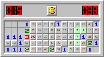 지뢰찾기 실력 테스트 - 지뢰 확률 낮은 칸 고르기 (총 38문제, 좀 어려움)